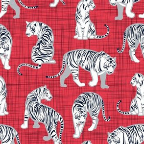 Small scale // Big tiger cats // red linen texture background grey lines white animals