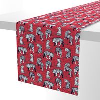 Small scale // Big tiger cats // red linen texture background navy blue lines white animals