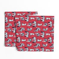 Small scale // Big tiger cats // red linen texture background navy blue lines white animals