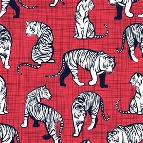 Small scale // Big tiger cats // red linen texture background navy blue lines white animals