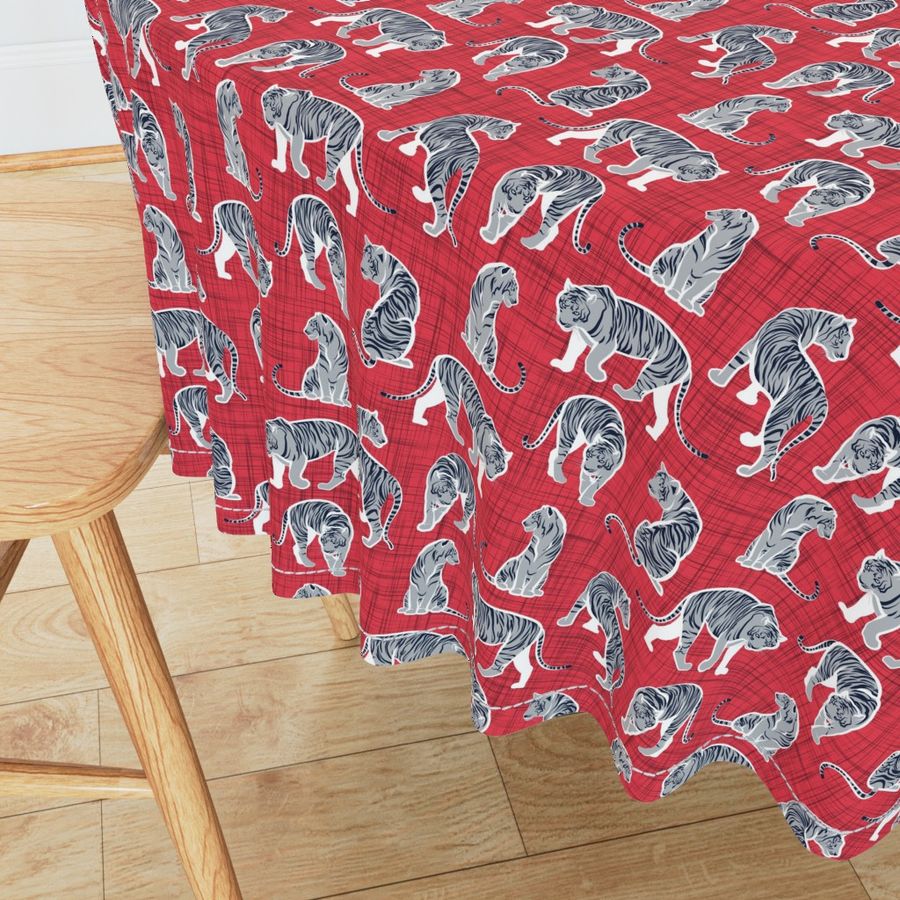 Small scale // Big tiger cats // red linen texture background white lines grey animals