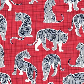 Small scale // Big tiger cats // red linen texture background white lines grey animals