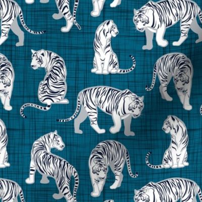 Small scale // Big tiger cats // teal linen texture background grey lines white animals