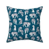 Small scale // Big tiger cats // teal linen texture background grey lines white animals