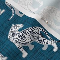 Small scale // Big tiger cats // teal linen texture background grey lines white animals