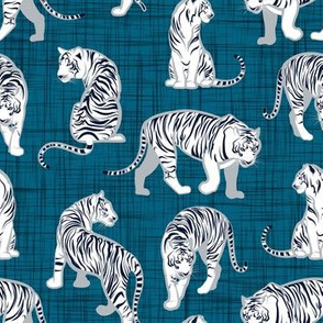 Small scale // Big tiger cats // teal linen texture background grey lines white animals
