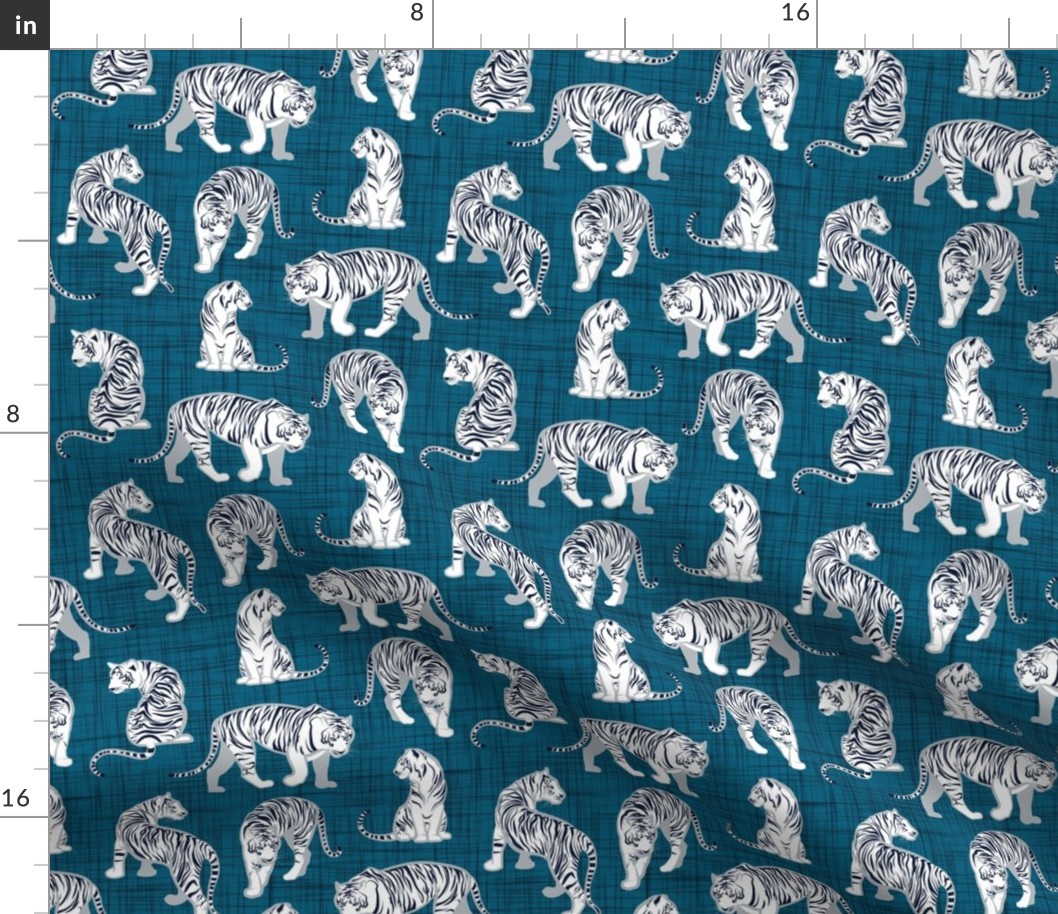 Small scale // Big tiger cats // teal linen texture background grey lines white animals