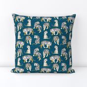 Small scale // Big tiger cats // teal linen texture background yellow mustard lines white animals