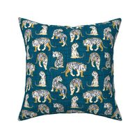 Small scale // Big tiger cats // teal linen texture background yellow mustard lines white animals