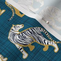 Small scale // Big tiger cats // teal linen texture background yellow mustard lines white animals