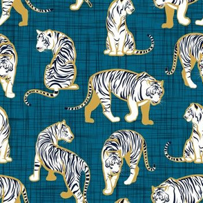 Small scale // Big tiger cats // teal linen texture background yellow mustard lines white animals