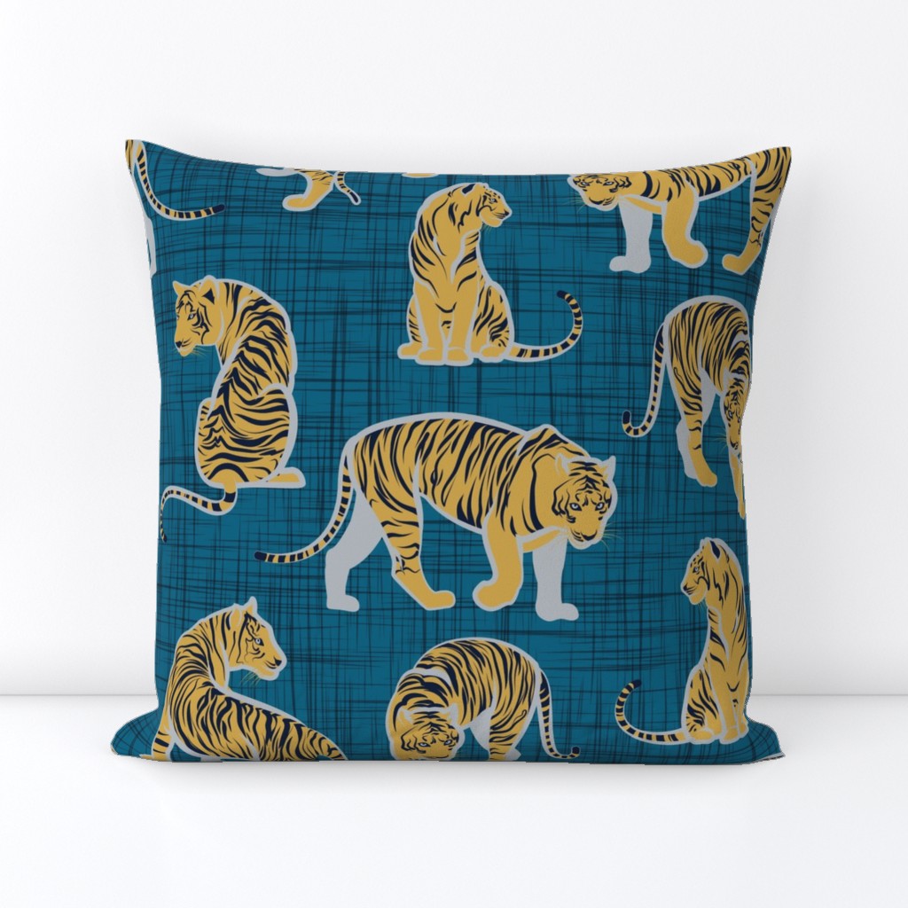 Small scale // Big tiger cats // teal linen texture background grey lines yellow mustard animals