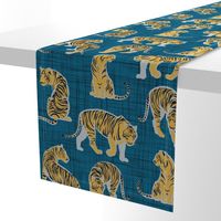 Small scale // Big tiger cats // teal linen texture background grey lines yellow mustard animals