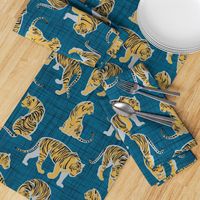 Small scale // Big tiger cats // teal linen texture background grey lines yellow mustard animals