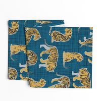 Small scale // Big tiger cats // teal linen texture background grey lines yellow mustard animals