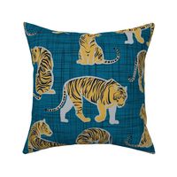 Small scale // Big tiger cats // teal linen texture background grey lines yellow mustard animals