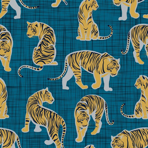 Small scale // Big tiger cats // teal linen texture background grey lines yellow mustard animals