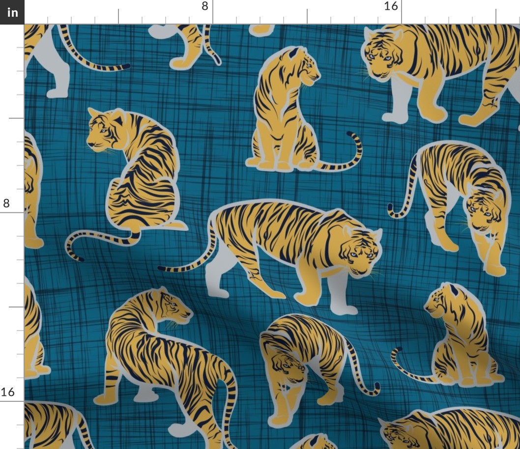 Small scale // Big tiger cats // teal linen texture background grey lines yellow mustard animals