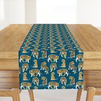 Small scale // Big tiger cats // teal linen texture background white lines yellow mustard animals