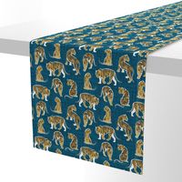 Small scale // Big tiger cats // teal linen texture background white lines yellow mustard animals