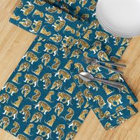 Small scale // Big tiger cats // teal linen texture background white lines yellow mustard animals