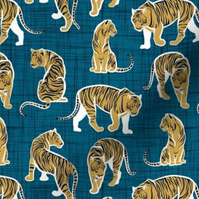 Small scale // Big tiger cats // teal linen texture background white lines yellow mustard animals