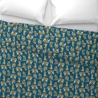 Small scale // Big tiger cats // teal linen texture background white lines yellow mustard animals