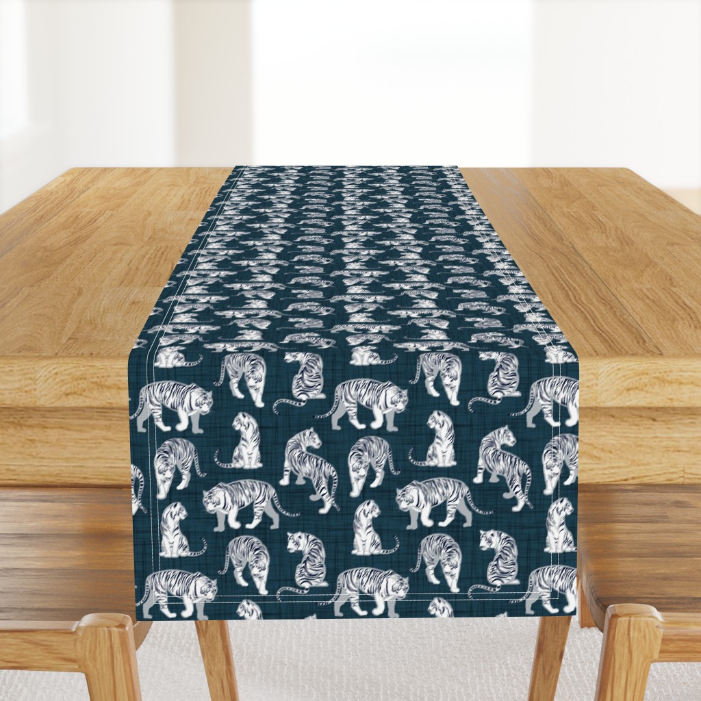 Small scale // Big tiger cats // dark teal linen texture background grey lines white animals