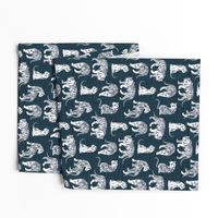 Small scale // Big tiger cats // dark teal linen texture background grey lines white animals