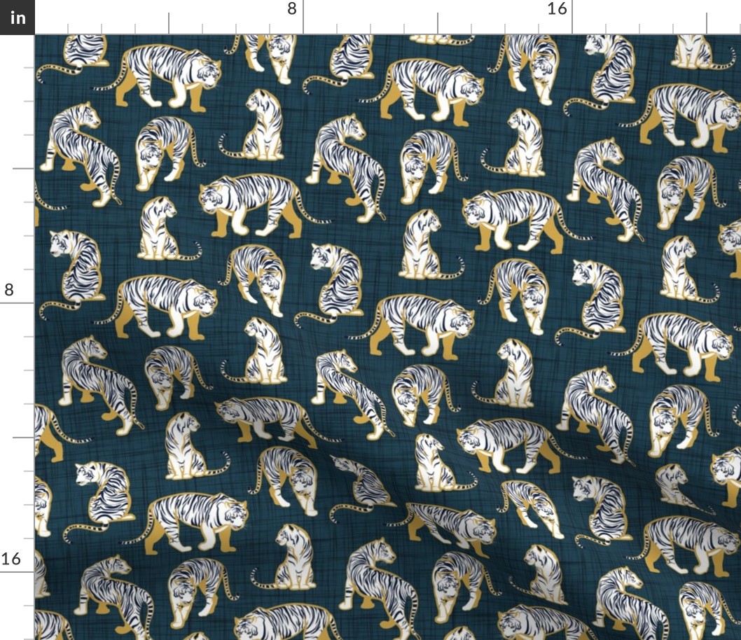 Small scale // Big tiger cats // dark teal linen texture background yellow mustard lines white animals