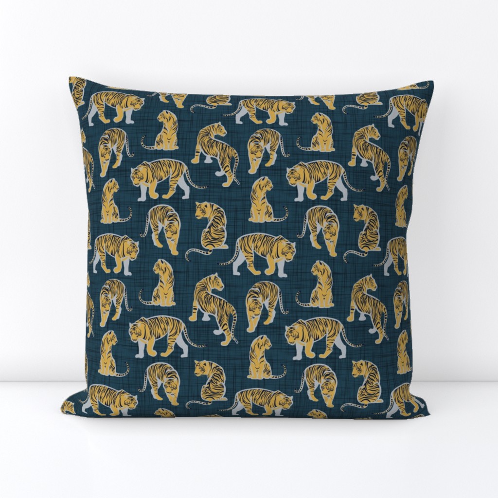 Small scale // Big tiger cats // dark teal linen texture background grey lines yellow mustard animals