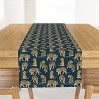 Small scale // Big tiger cats // dark teal linen texture background grey lines yellow mustard animals