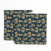 Small scale // Big tiger cats // dark teal linen texture background grey lines yellow mustard animals