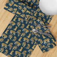 Small scale // Big tiger cats // dark teal linen texture background grey lines yellow mustard animals