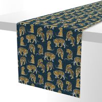 Small scale // Big tiger cats // dark teal linen texture background grey lines yellow mustard animals