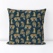 Small scale // Big tiger cats // dark teal linen texture background grey lines yellow mustard animals