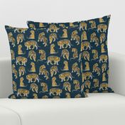 Small scale // Big tiger cats // dark teal linen texture background grey lines yellow mustard animals