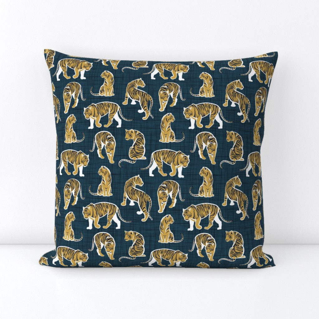 Small scale // Big tiger cats // dark teal linen texture background white lines yellow mustard animals