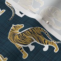 Small scale // Big tiger cats // dark teal linen texture background white lines yellow mustard animals