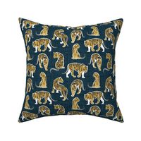 Small scale // Big tiger cats // dark teal linen texture background white lines yellow mustard animals