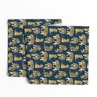 Small scale // Big tiger cats // dark teal linen texture background white lines yellow mustard animals