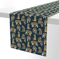 Small scale // Big tiger cats // dark teal linen texture background white lines yellow mustard animals