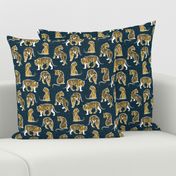 Small scale // Big tiger cats // dark teal linen texture background white lines yellow mustard animals