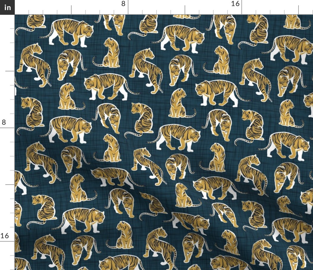 Small scale // Big tiger cats // dark teal linen texture background white lines yellow mustard animals