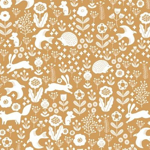 spring animals fabric - spring fabric, easter fabric, woodland animals fabric - golden yellow