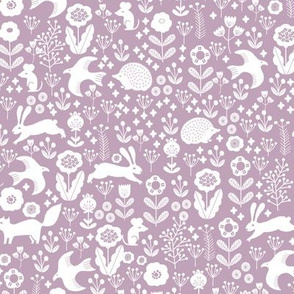 spring animals fabric - spring fabric, easter fabric, woodland animals fabric - mauve