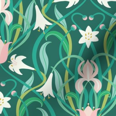 Art Nouveau lilies in arsenic green 12" by Pippa Shaw