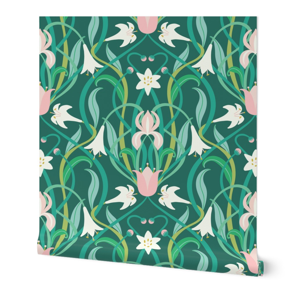 Art Nouveau lilies in arsenic green 24" by Pippa Shaw