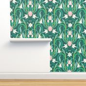 Art Nouveau lilies in arsenic green 24" by Pippa Shaw