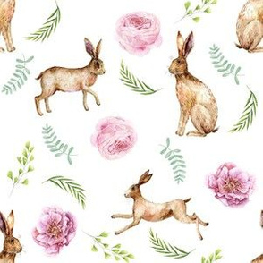 hare floral - rabbit floral, watercolor rabbits, spring floral - white